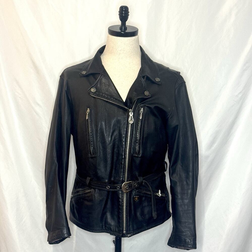 Vtg Harley Davidson Women L Leather Motorcycle Jacket Purple Lining Buckle Belt